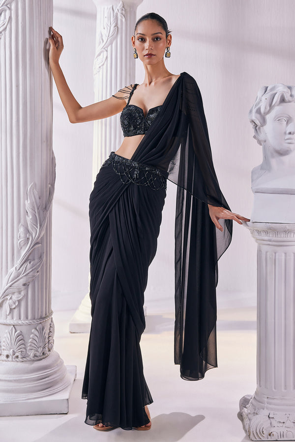 Royal Black Draped Saree Set