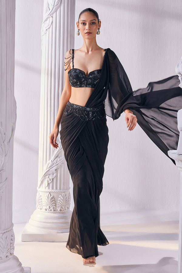 Royal Black Draped Saree Set