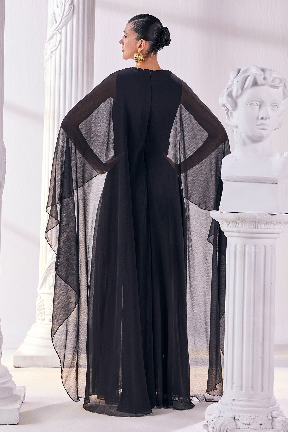 Black Chiffon Kaftan Dress Featuring An Emroidered Waistline.