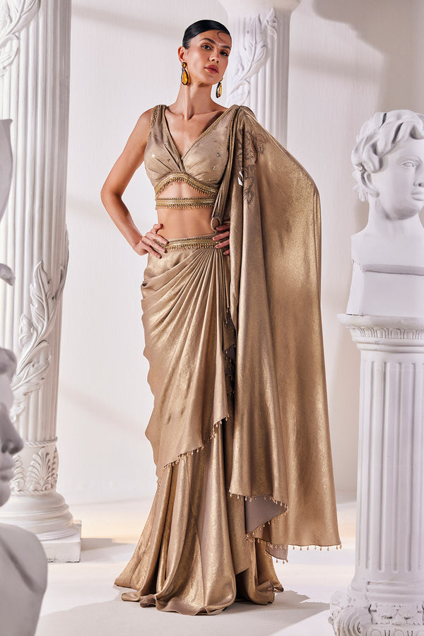 Metallic Gold Drape Saree Set