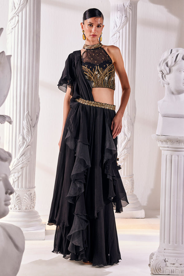 Black Chiffon Draped Saree Set