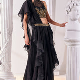 Black Chiffon Draped Saree Set