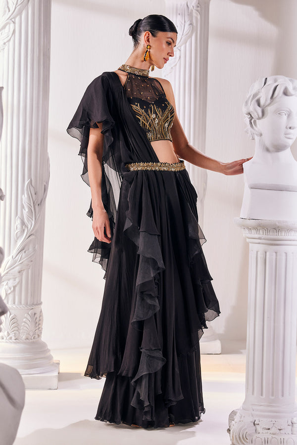 Black Chiffon Draped Saree Set