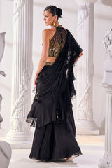 Black Chiffon Draped Saree Set