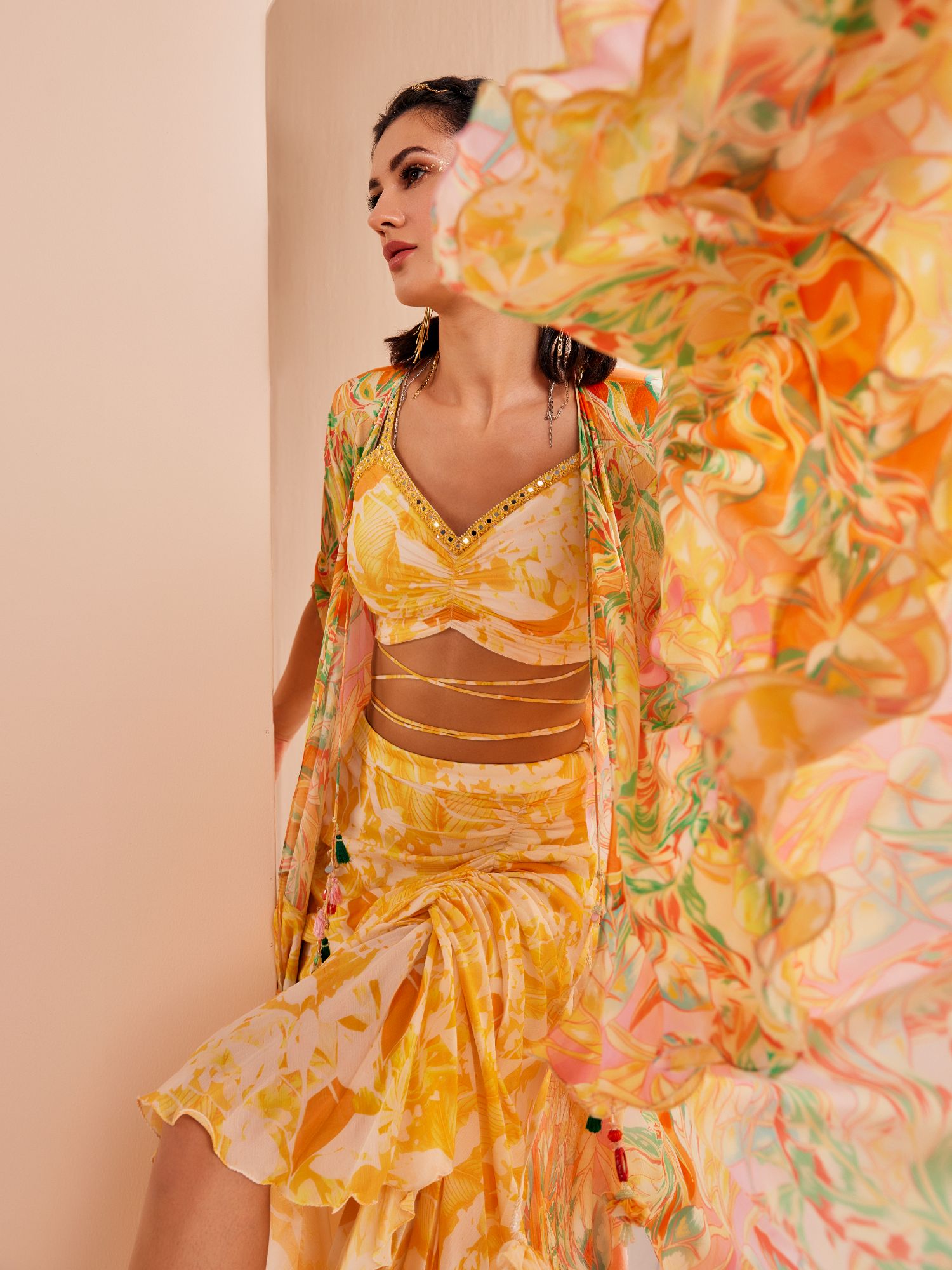 Fluorescent yellow printed blouse with draped asymmetric chiffon skirt stylized with a cape #RTS
