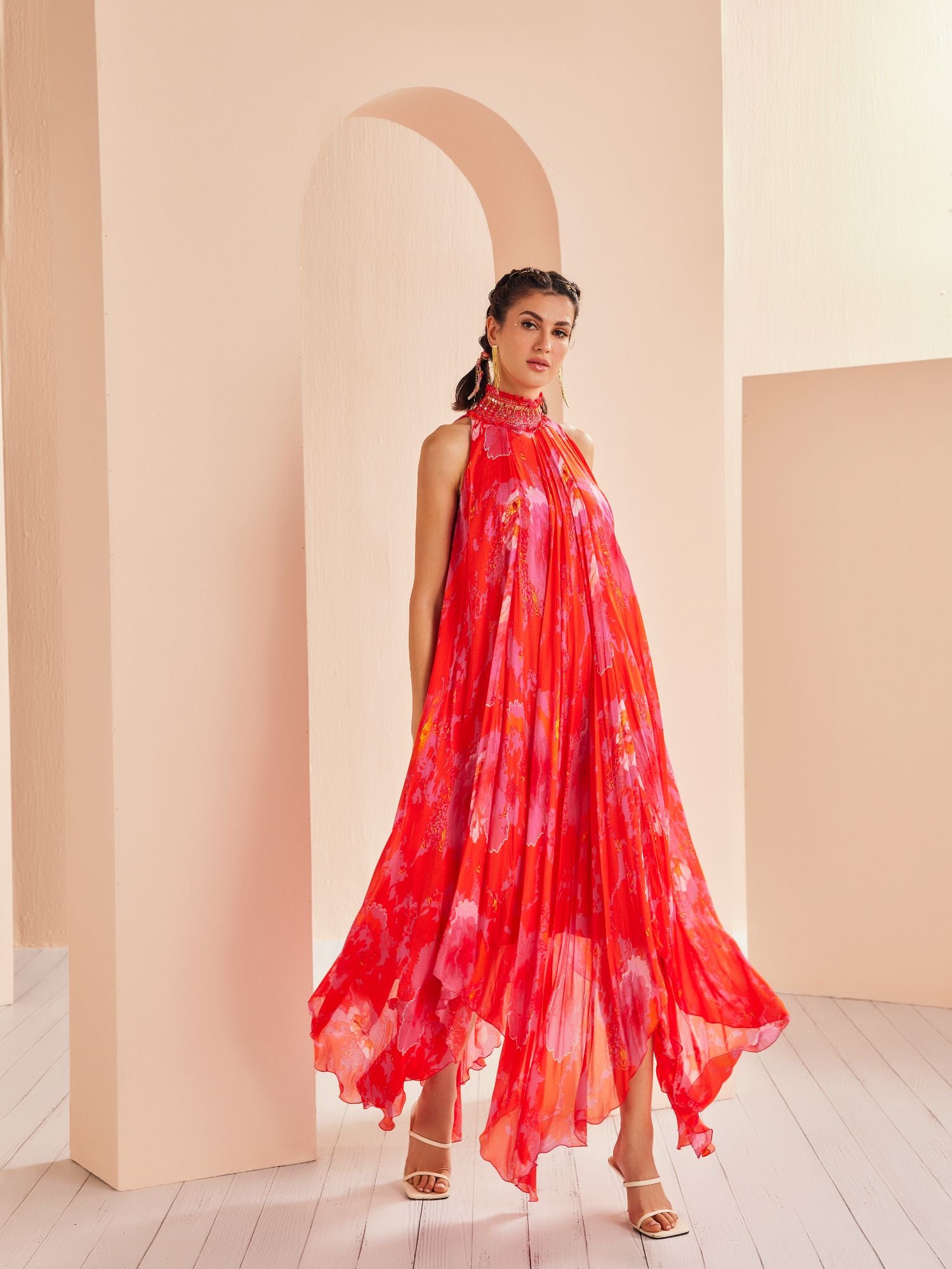 Printed chiffon high-low dress with hand-embroidered collar