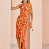 Orange Printed Mesh Printed Ruched Dress