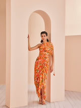 Orange printed mesh printed rushed dress