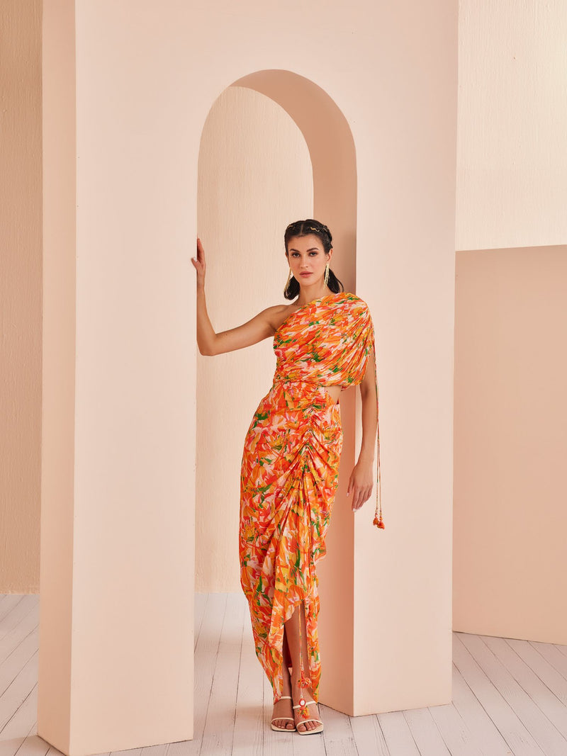 Orange printed mesh printed rushed dress