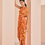 Orange Printed Mesh Printed Ruched Dress