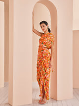 Orange printed mesh printed rushed dress