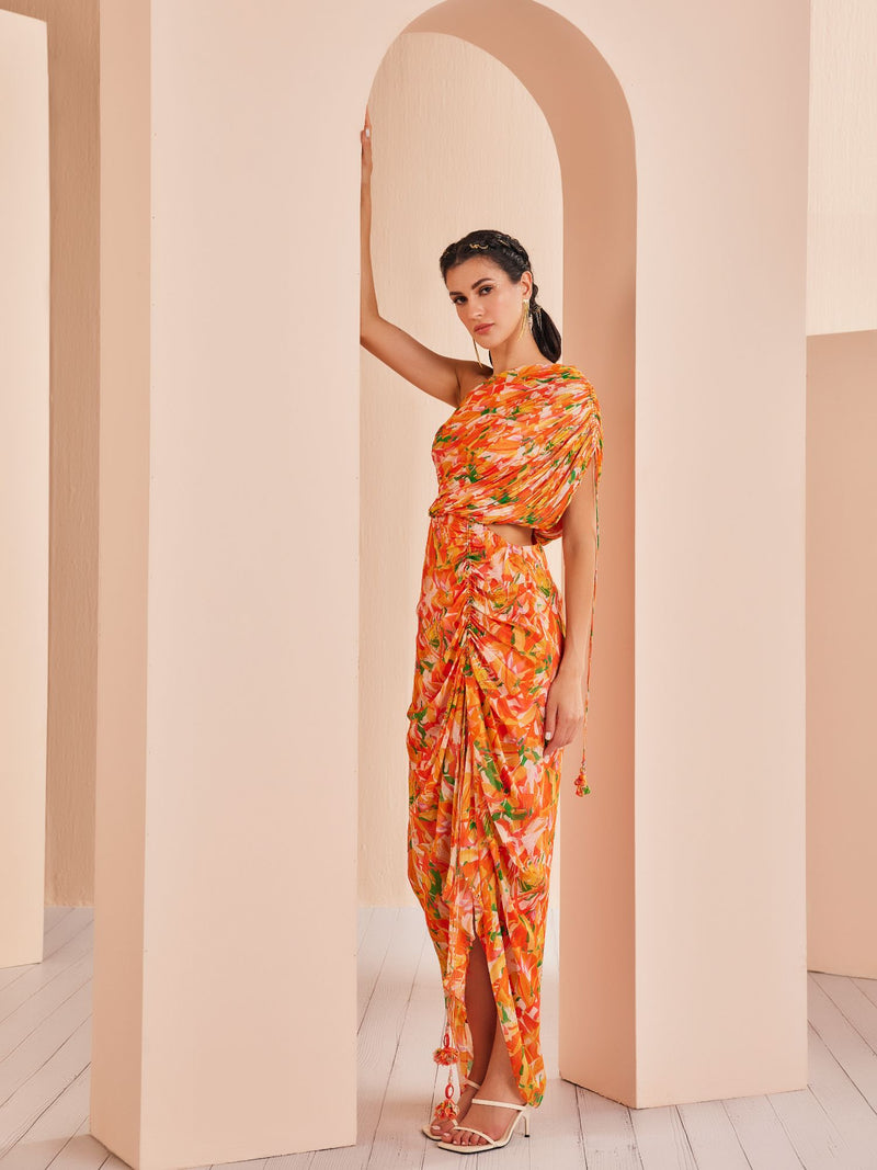 Orange printed mesh printed rushed dress