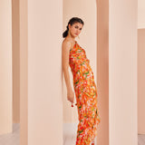Orange Printed Mesh Printed Ruched Dress