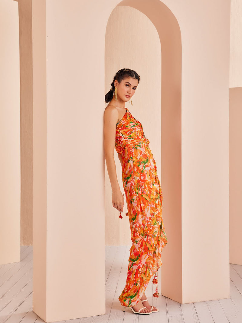 Orange printed mesh printed rushed dress
