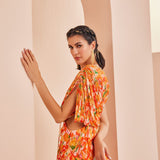 Orange Printed Mesh Printed Ruched Dress