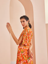 Orange printed mesh printed rushed dress
