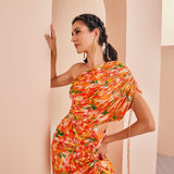Orange Printed Mesh Printed Ruched Dress