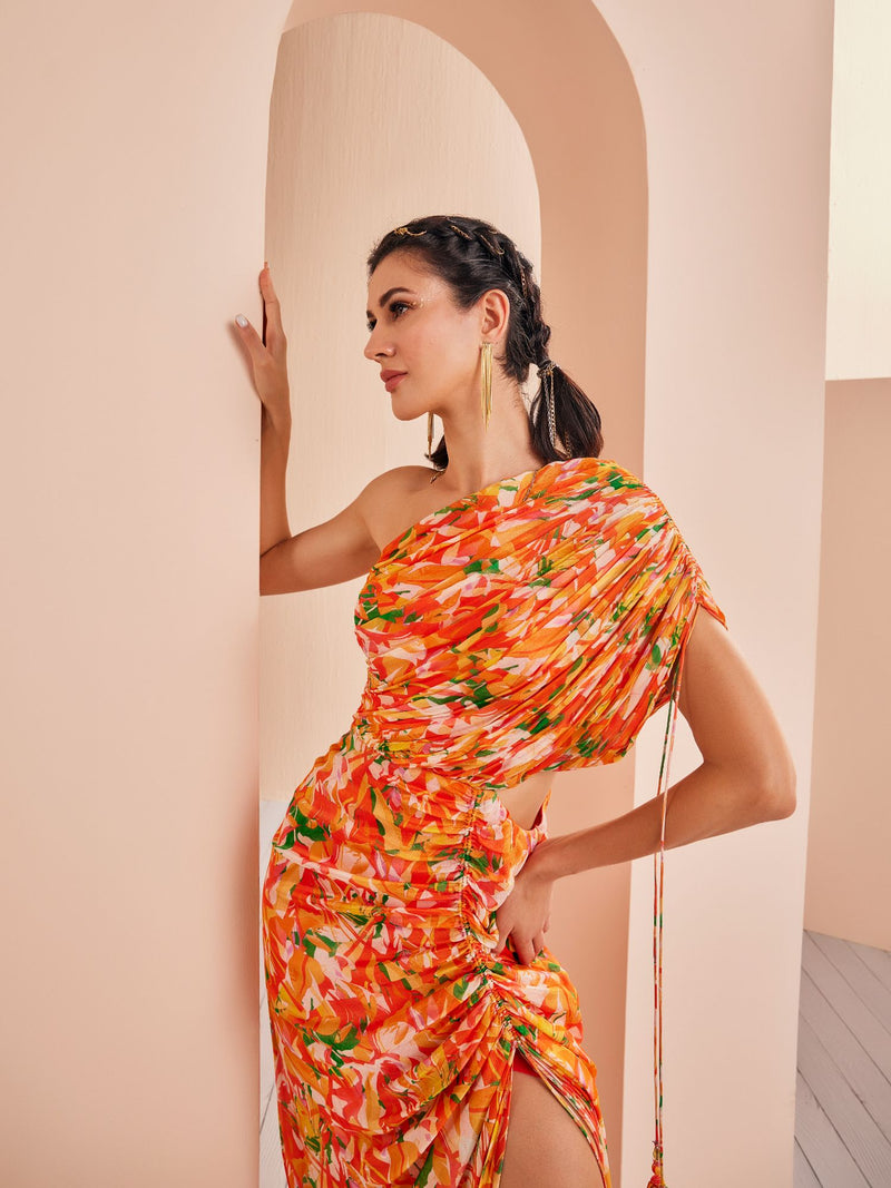 Orange printed mesh printed rushed dress