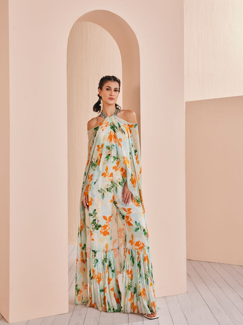 Sage printed halter neck jumpsuit