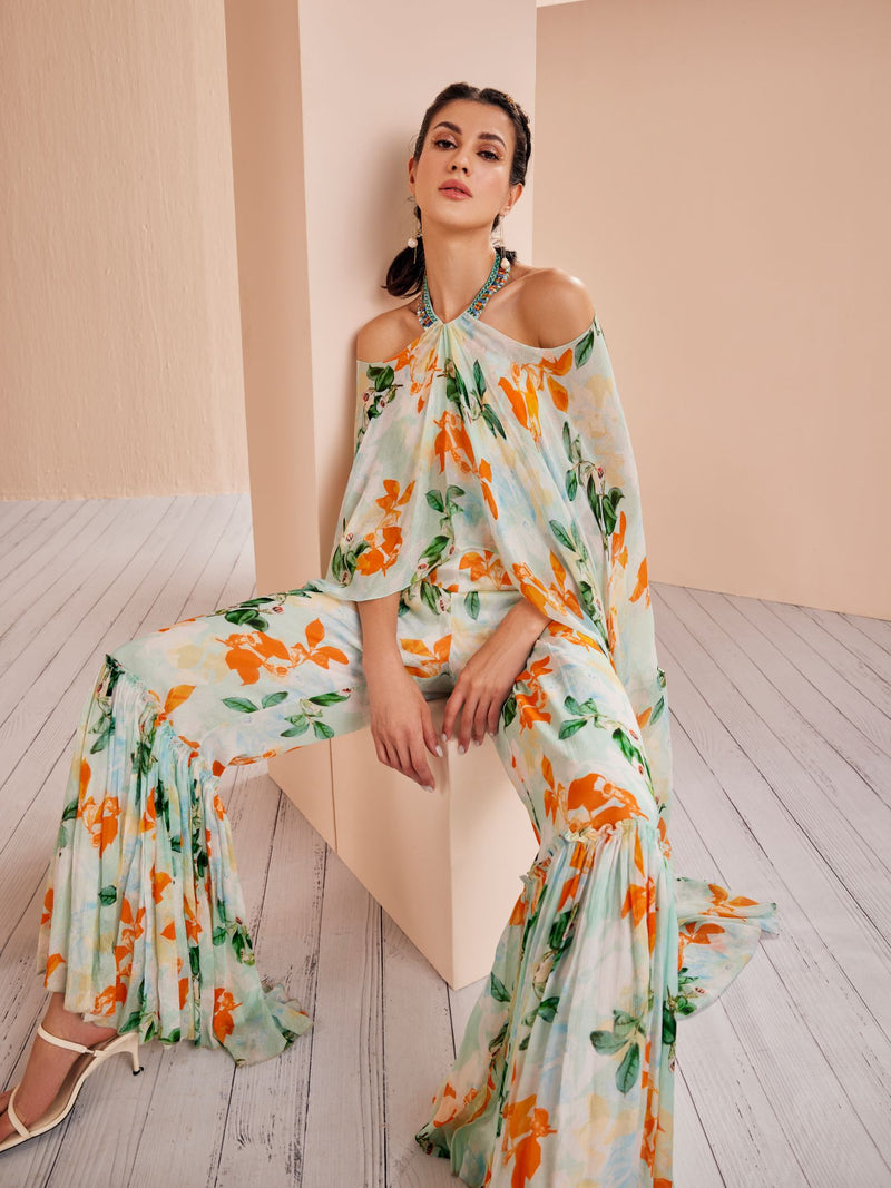 Sage printed halter neck jumpsuit