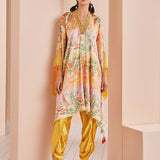 Yellow Leafy Printed Kaftan Kurta Set
