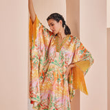 Yellow Leafy Printed Kaftan Kurta Set