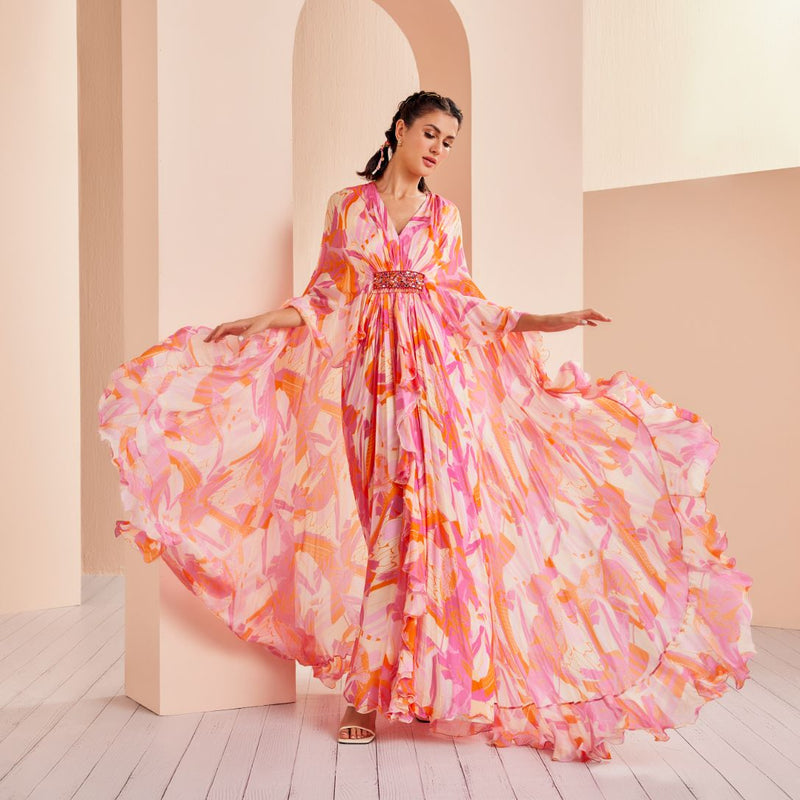 Printed chiffon asymmetrical kaftan