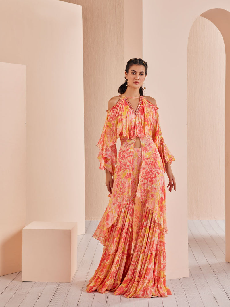 Red pancy daisy chiffon butterfly kurta Set