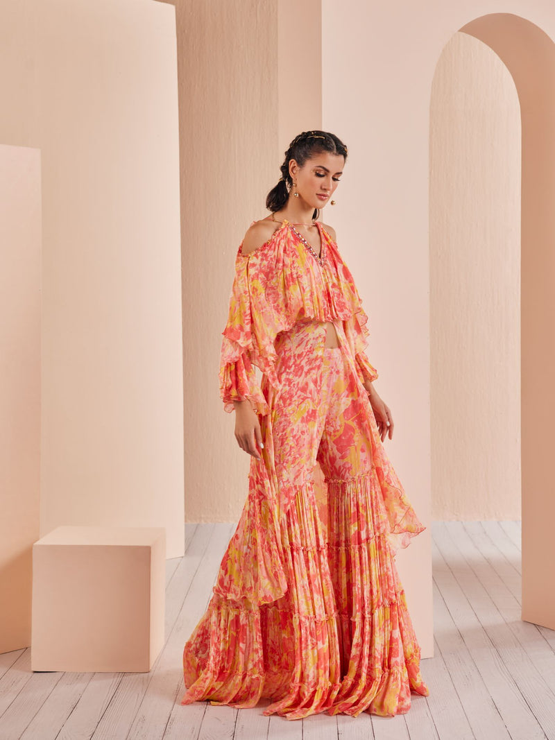 Red pancy daisy chiffon butterfly kurta Set