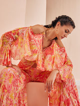 Red pancy daisy chiffon butterfly kurta Set