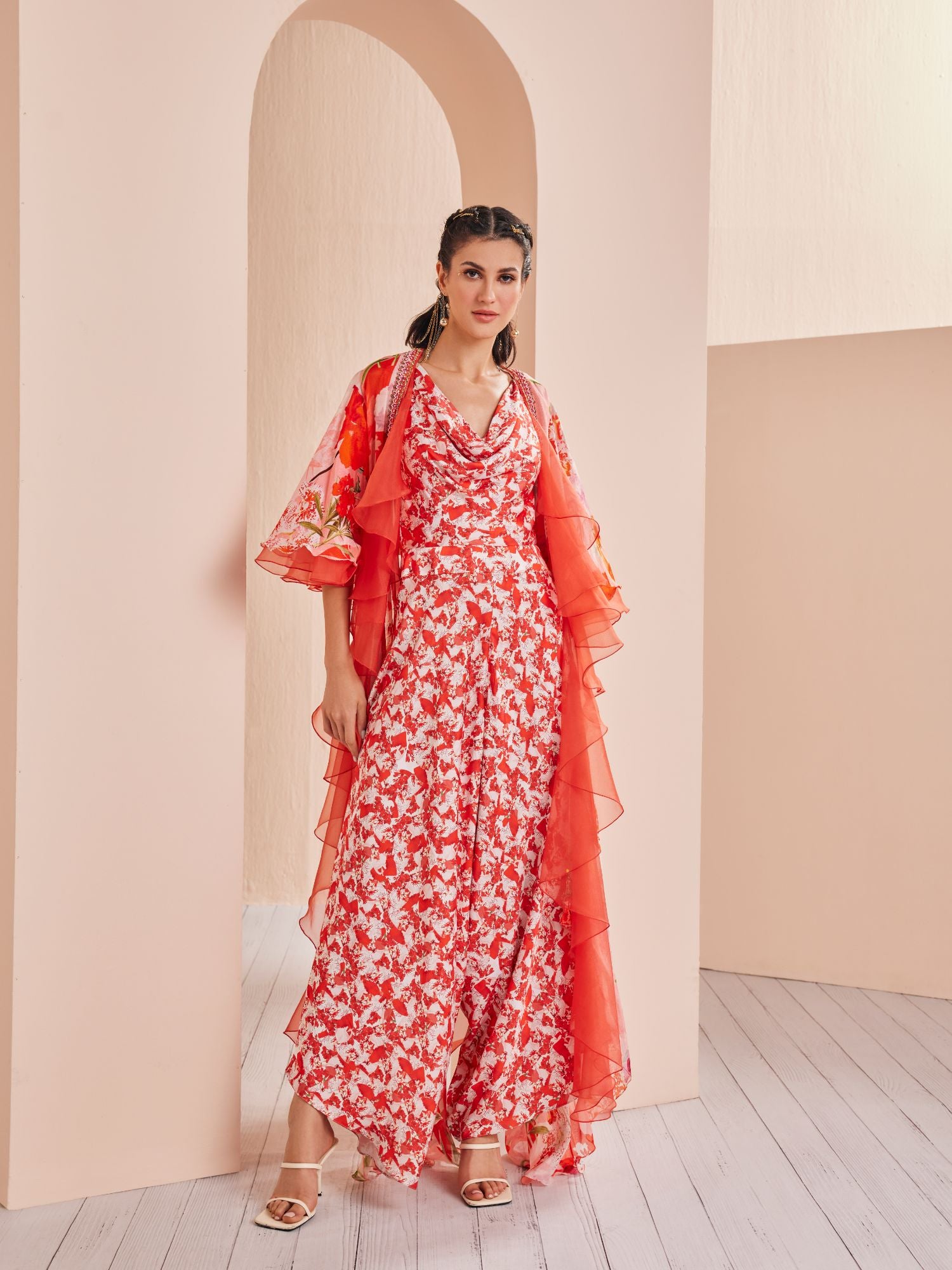 Red ditsy aster printed satin jumpsuit with chiffon cape