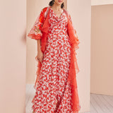 Red Printed Satin Jumpsuit Set