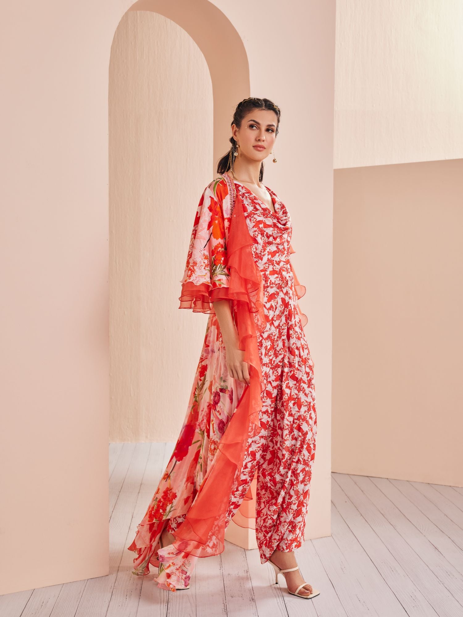 Red ditsy aster printed satin jumpsuit with chiffon cape