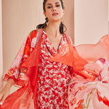 Red Printed Satin Jumpsuit Set