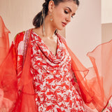 Red Printed Satin Jumpsuit Set