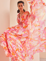 Printed chiffon asymmetrical kaftan