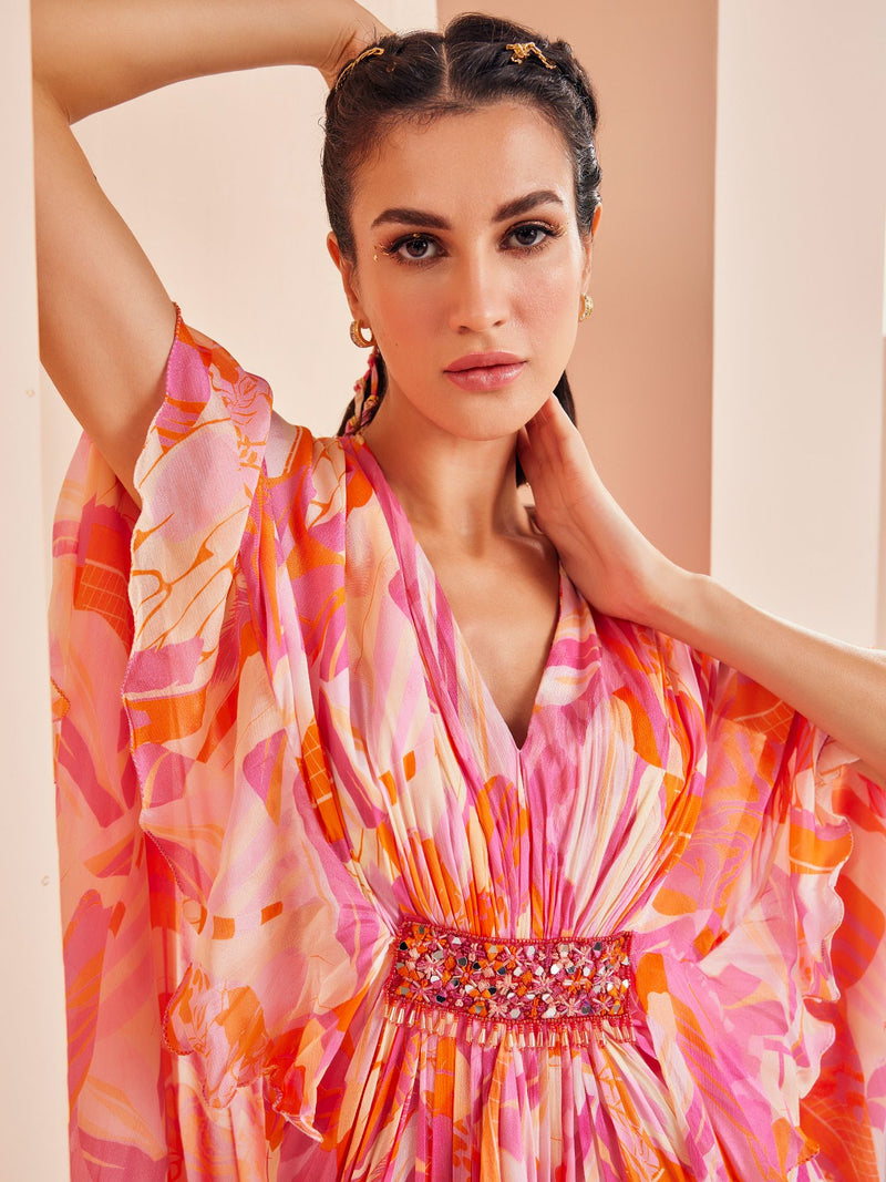 Printed chiffon asymmetrical kaftan