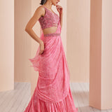 Peach Pink Chiffon Printed Draped Saree Set