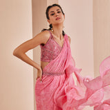 Peach Pink Chiffon Printed Draped Saree Set