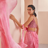 Peach Pink Chiffon Printed Draped Saree Set