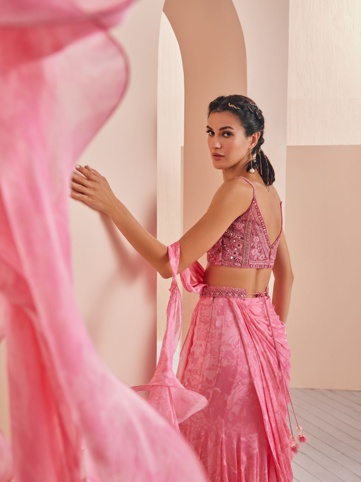 Chiffon solid texture printed draped saree with embroidered blouse and belt