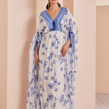 Blue Periwinkle Floral Embroidered Kaftan