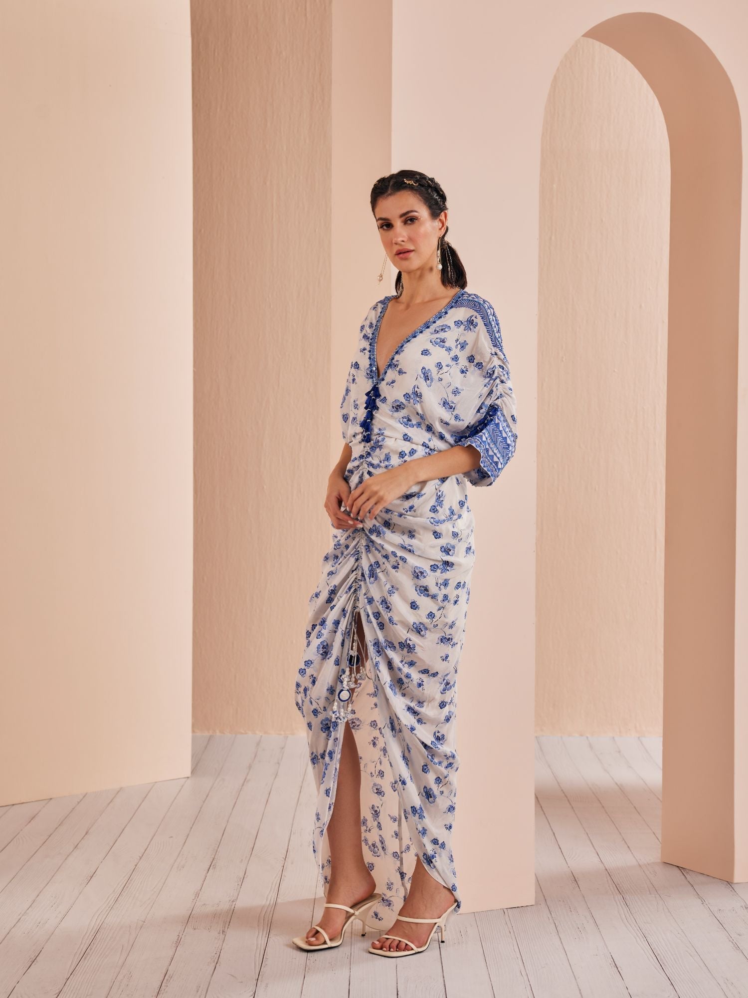 Blue periwinkle floral rushed kaftan #RTS