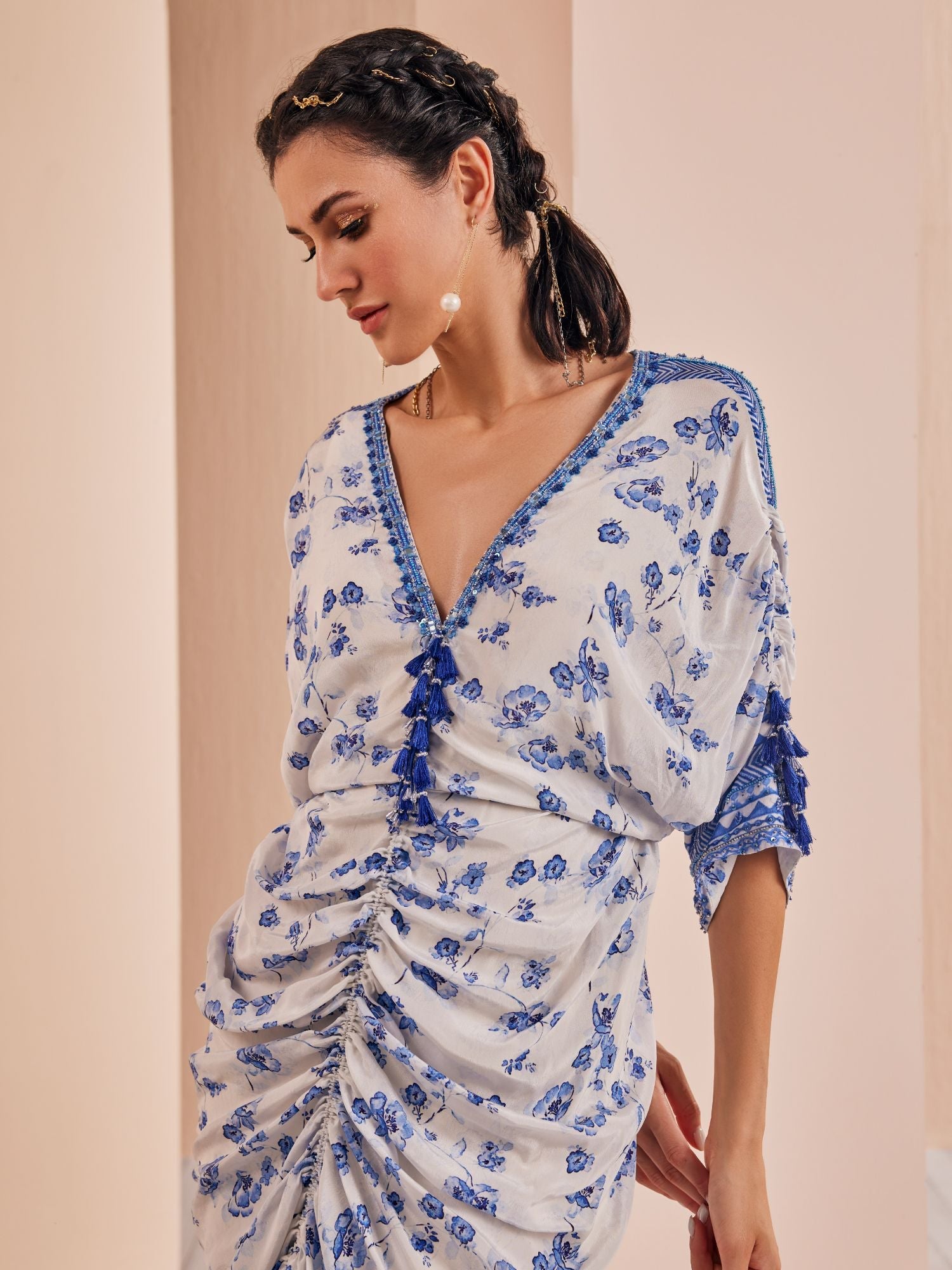 Blue periwinkle floral rushed kaftan #RTS