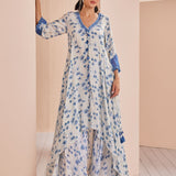 Blue Periwinkle Floral Asymmetric Kurta Set