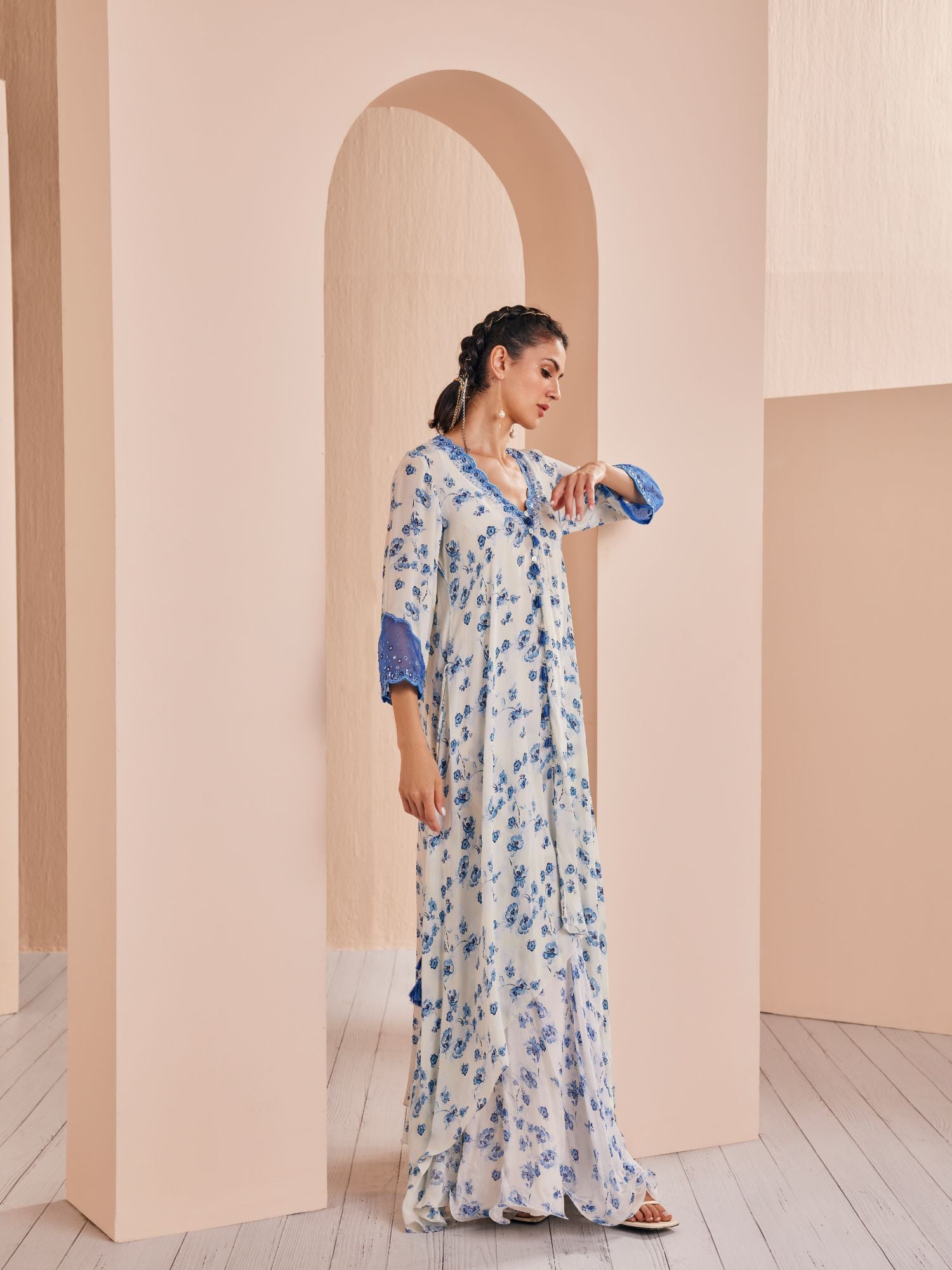 Asymmetric printed clearance kurta with tassels