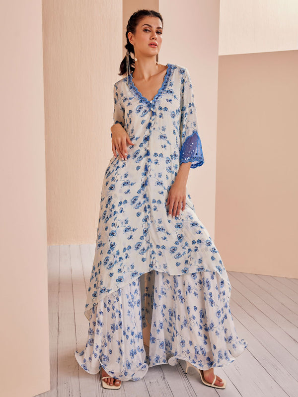 Blue periwinkle floral asymmetric kurta Set