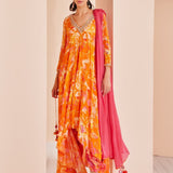 Printed Crepe Asymmetric Embroidered Tunic Set
