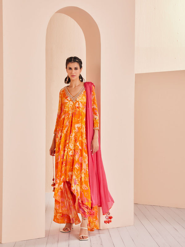 Printed crepe asymmetric embroidered tunic Set