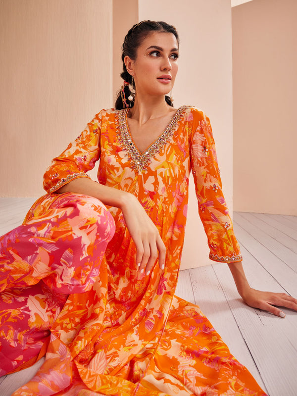 Printed crepe asymmetric embroidered tunic Set
